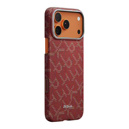 Apple iPhone 17 Pro Kılıf M-safe Şarj Özellikli Aramid Fiber Pitaka Tactile Woven Monogram Serisi Kapak Kırmızı