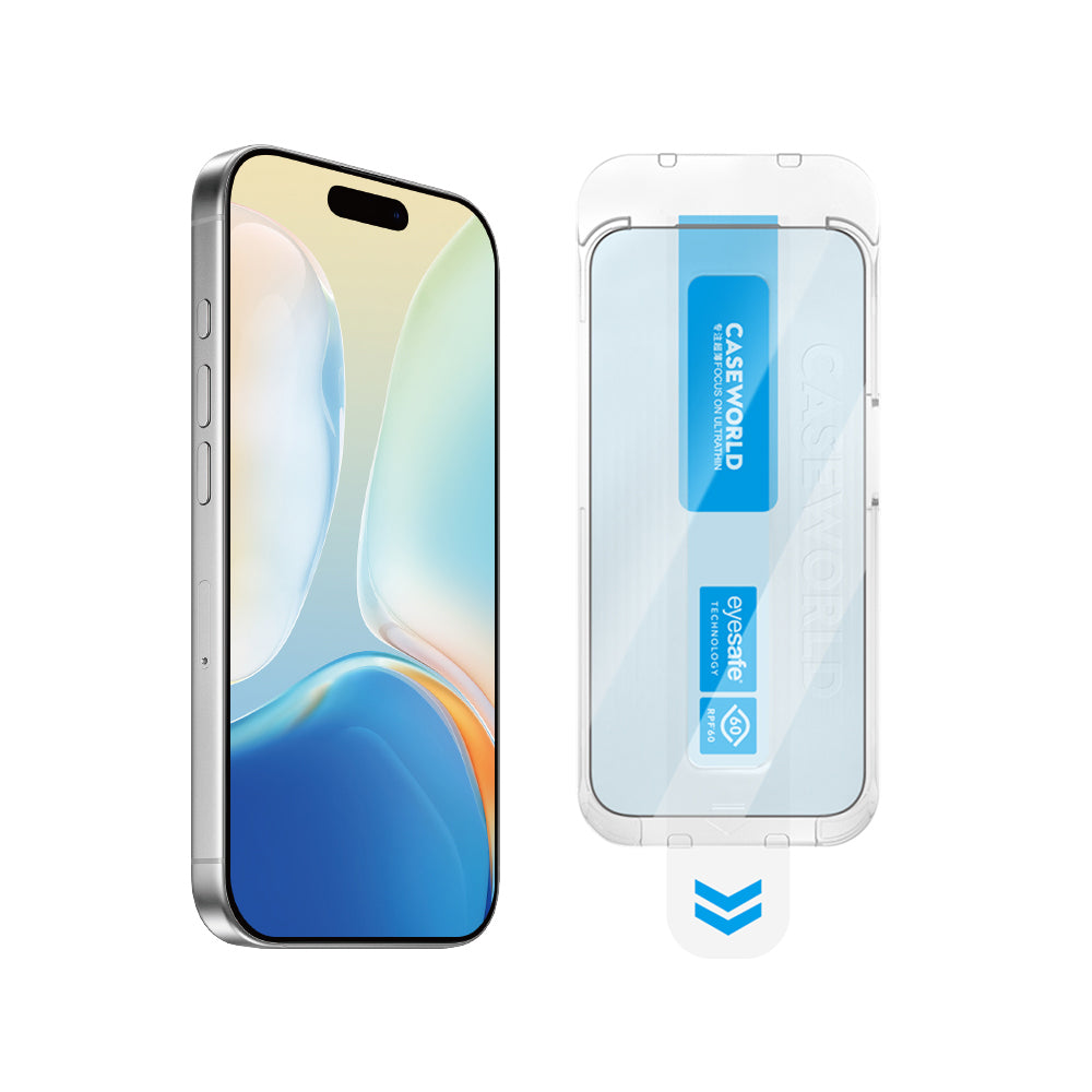 Apple iPhone 17 Pro Max CaseWorld Applicator Serisi 2.5D Eyesafe Mavi Işık Teknolojili Safir 0.33mm Temperli Cam Ekran Koruyucu + Uygulama Aparatı