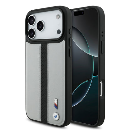 Apple iPhone 17 Pro Max Kılıf BMW Orjinal Lisanslı M-safe Şarj Özellikli Deri Arka Yüzey Metal Logolu Delikli Şerit Tasarımlı Kapak