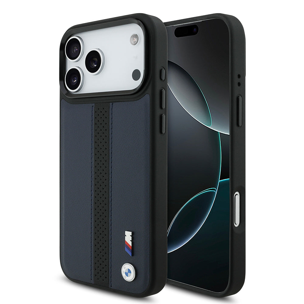 Apple iPhone 17 Pro Max Kılıf BMW Orjinal Lisanslı M-safe Şarj Özellikli Deri Arka Yüzey Metal Logolu Delikli Şerit Tasarımlı Kapak