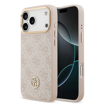 Apple iPhone 17 Pro Max Kılıf Guess Orjinal Lisanslı M-safe Şarj Özellikli Gold Metal Kamera Çerçeveli Taşlı 4G Logolu Kapak