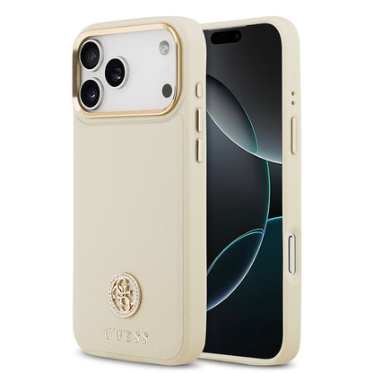 Apple iPhone 17 Pro Max Kılıf Guess Orjinal Lisanslı M-safe Şarj Özellikli Grained Yazı ve Taşlı 4G Logolu Kapak