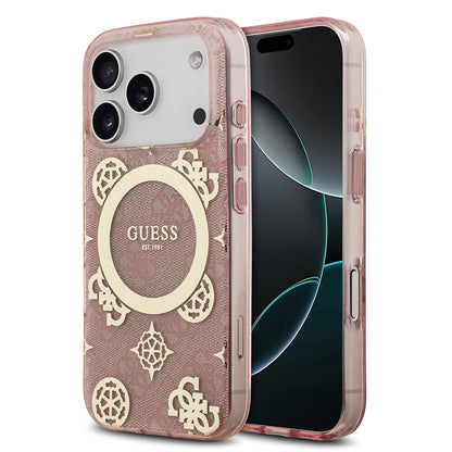 Apple iPhone 17 Pro Max Kılıf Guess Orjinal Lisanslı M-safe Şarj Özellikli IML Peony ve 4G Desenli Klasik Logolu Kapak