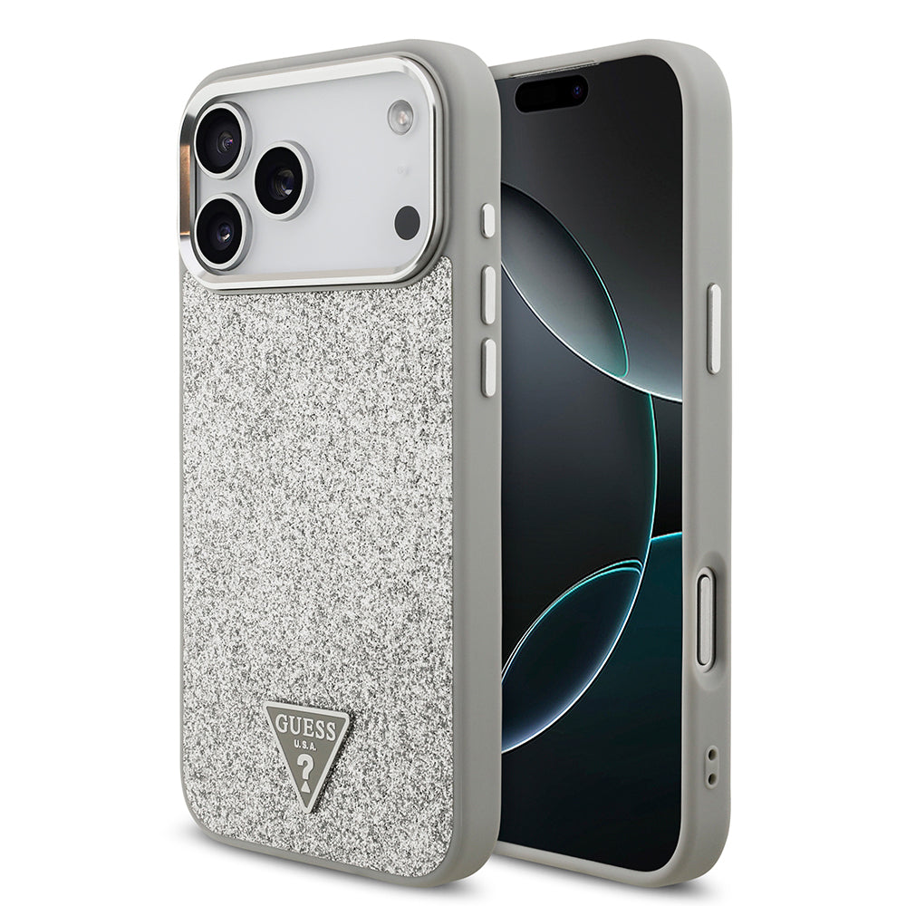 Apple iPhone 17 Pro Max Kılıf Guess Orjinal Lisanslı M-safe Şarj Özellikli Metal Kamera Çerçeveli Üçgen Logolu Glitter Kapak
