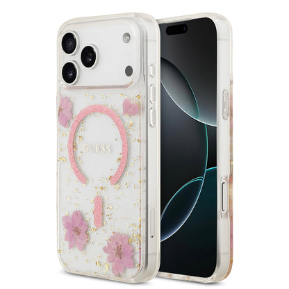 Apple iPhone 17 Pro Max Kılıf Guess Orjinal Lisanslı M-safe Şarj Özellikli Transparan Resin Flowers Kapak