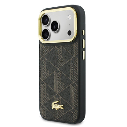 Apple iPhone 17 Pro Max Kılıf Lacoste Orjinal Lisanslı M-safe Şarj Özellikli Standlı PU Deri Karışık Monogram Desenli Kapak