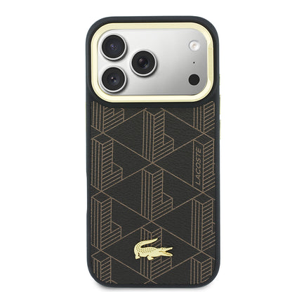 Apple iPhone 17 Pro Max Kılıf Lacoste Orjinal Lisanslı M-safe Şarj Özellikli Standlı PU Deri Karışık Monogram Desenli Kapak
