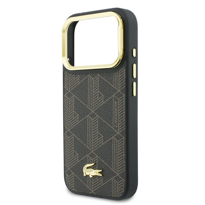 Apple iPhone 17 Pro Max Kılıf Lacoste Orjinal Lisanslı M-safe Şarj Özellikli Standlı PU Deri Karışık Monogram Desenli Kapak