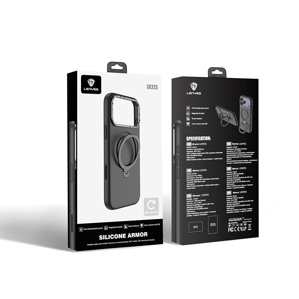 Apple iPhone 17 Pro Max Kılıf M-safe Şarj Özellikli Metal Standlı Sıvı Silikon Lenyes CK223 Kapak