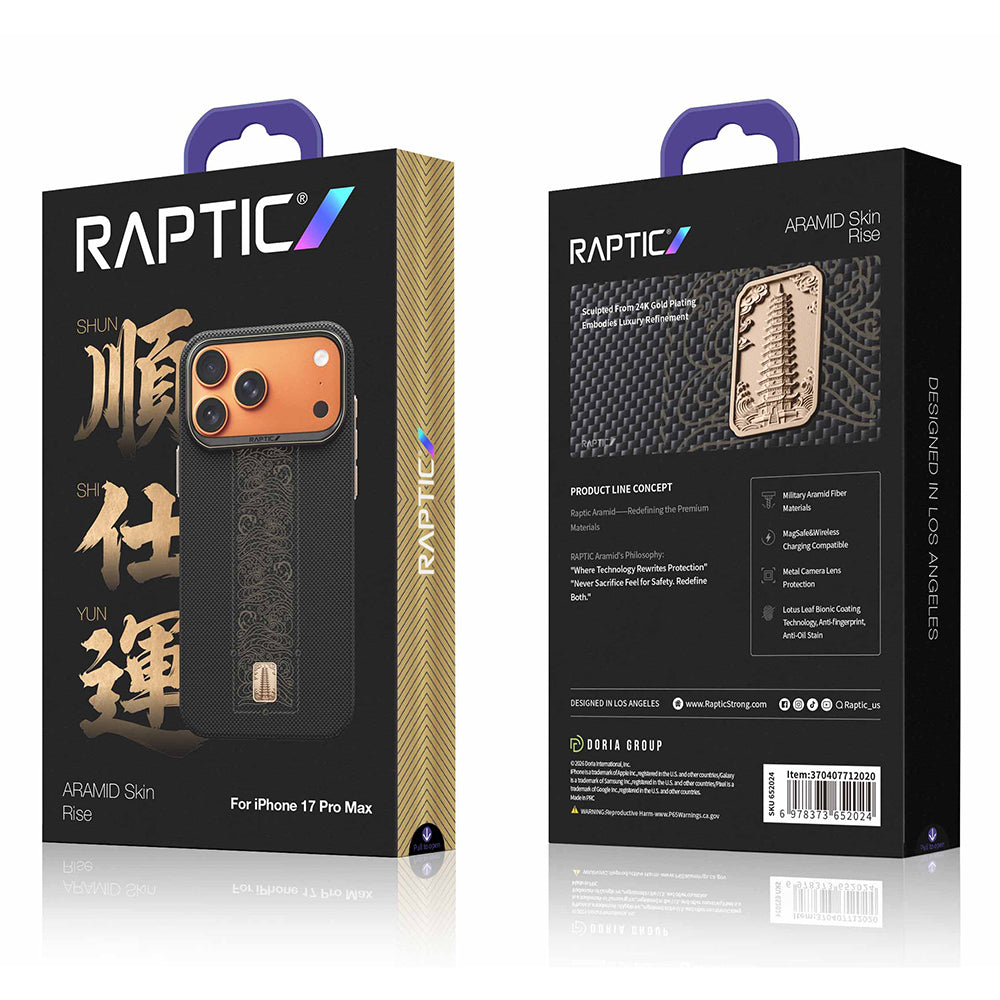 Apple iPhone 17 Pro Max Kılıf M-safe Şarj Özellikli Raptic Aramid Skin Rise Serisi 24 Ayar Altın Kaplamalı Kapak