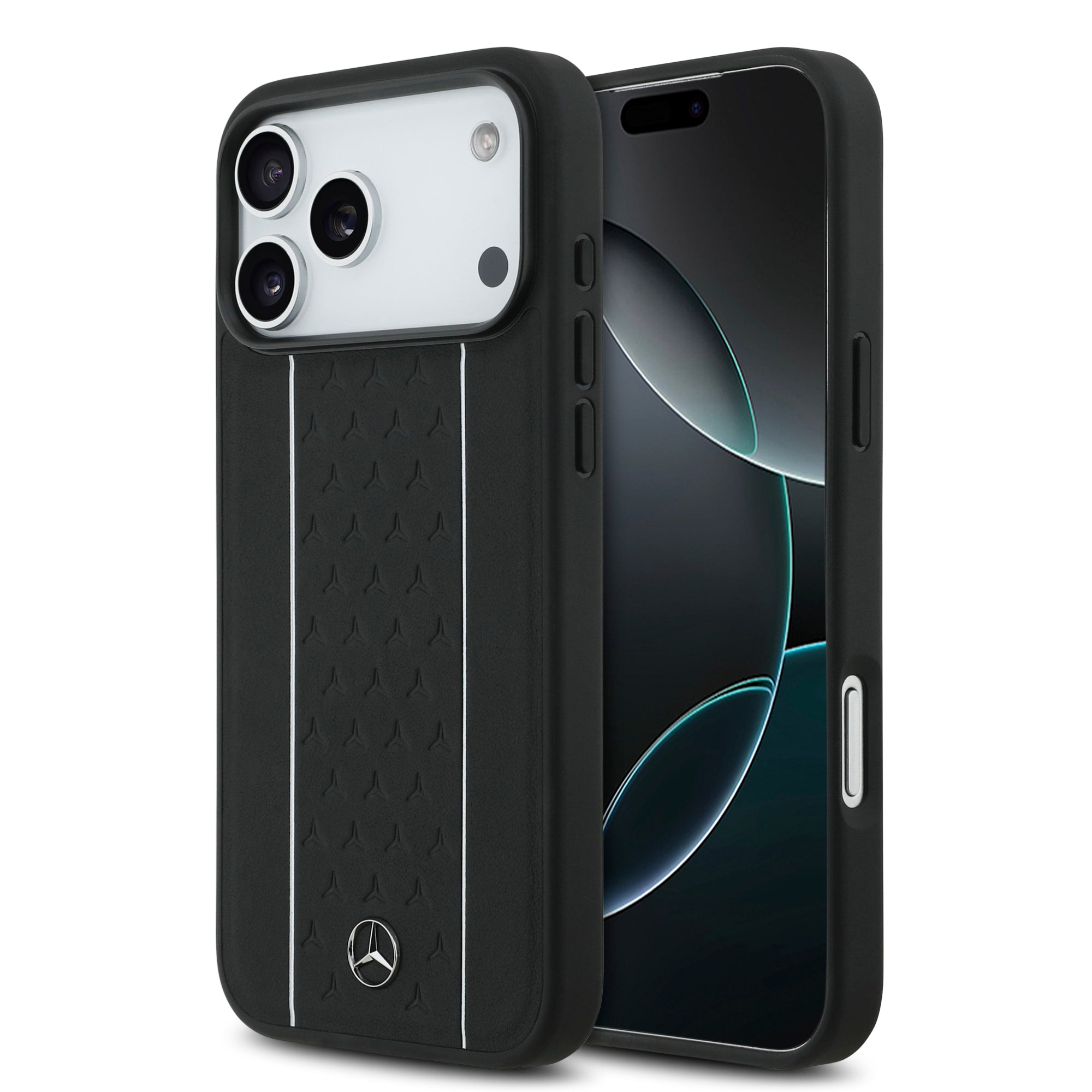 Apple iPhone 17 Pro Max Kılıf Mercedes Benz Orjinal Lisanslı M-safe Şarj Özellikli Şeritli Yıldız Desenli Metal Logolu Deri Kapak