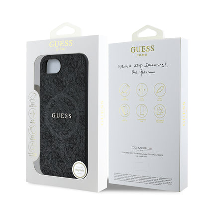 Apple iPhone 17E Kılıf Guess Orjinal Lisanslı M-safe Şarj Özellikli PU Halkalı 4G Desenli Yazı Logolu Kapak