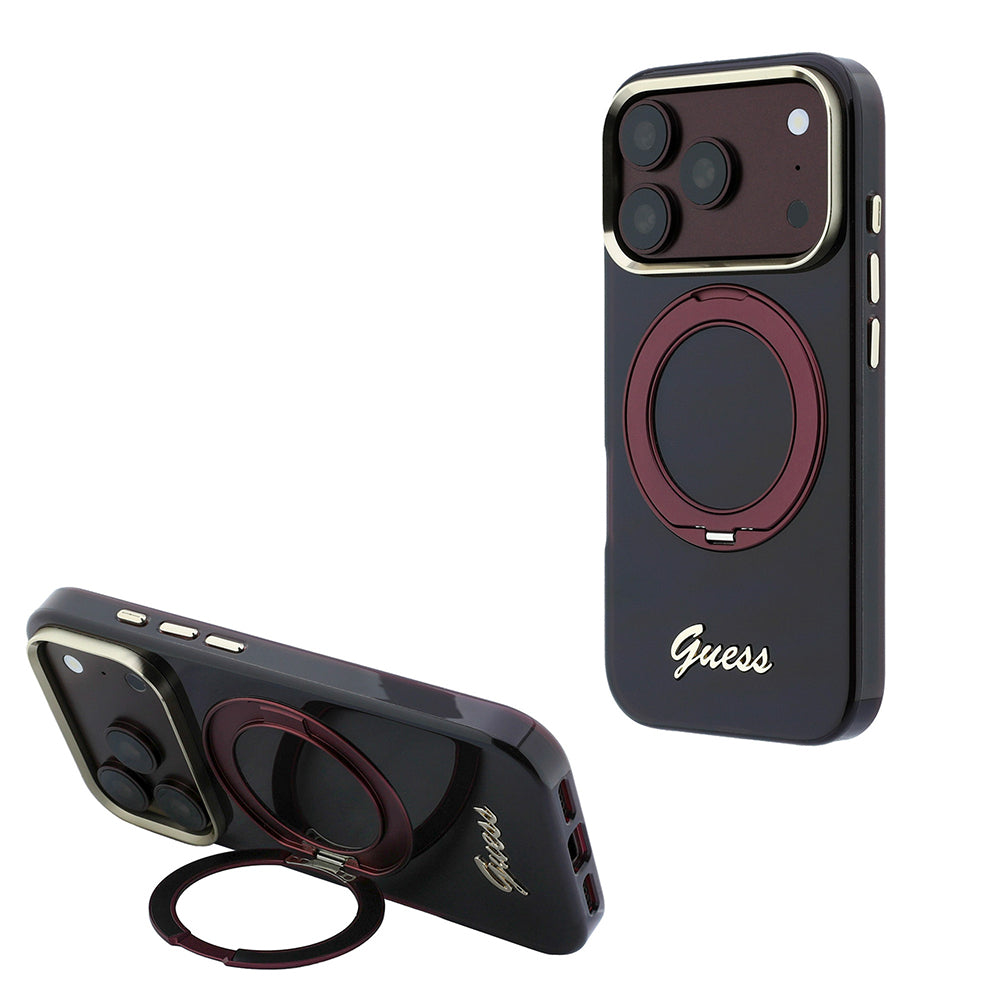 Apple iPhone 18 Pro Kılıf Guess Orjinal Lisanslı M-safe Şarj Özellikli 360 Derece Dönebilen Standlı Metal Yazı Logolu Silikon Kapak