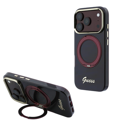 Apple iPhone 18 Pro Kılıf Guess Orjinal Lisanslı M-safe Şarj Özellikli 360 Derece Dönebilen Standlı Metal Yazı Logolu Silikon Kapak