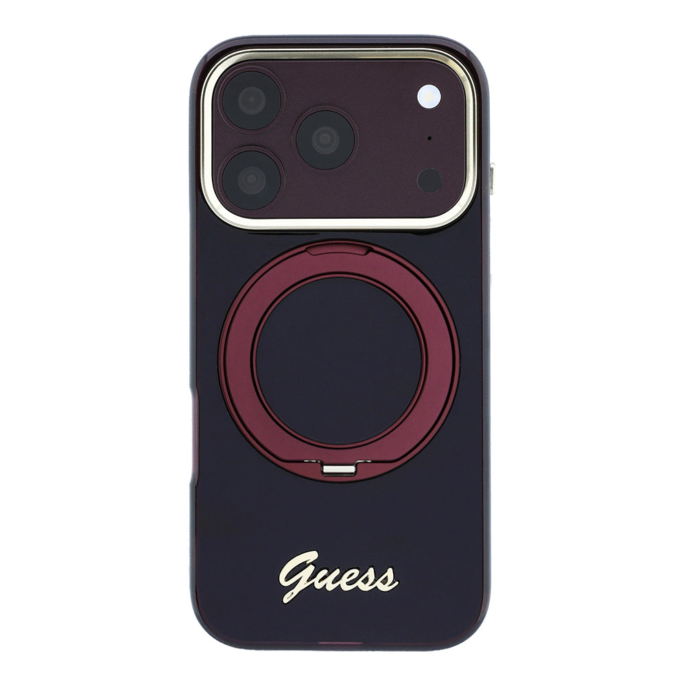 Apple iPhone 18 Pro Kılıf Guess Orjinal Lisanslı M-safe Şarj Özellikli 360 Derece Dönebilen Standlı Metal Yazı Logolu Silikon Kapak