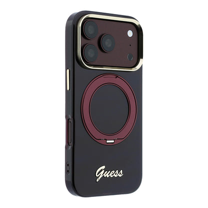 Apple iPhone 18 Pro Kılıf Guess Orjinal Lisanslı M-safe Şarj Özellikli 360 Derece Dönebilen Standlı Metal Yazı Logolu Silikon Kapak