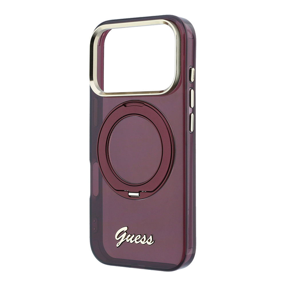 Apple iPhone 18 Pro Kılıf Guess Orjinal Lisanslı M-safe Şarj Özellikli 360 Derece Dönebilen Standlı Metal Yazı Logolu Silikon Kapak
