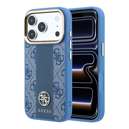 Apple iPhone 18 Pro Kılıf Guess Orjinal Lisanslı M-safe Şarj Özellikli Deri 4G Desenli Şeritli Yazı Logolu Kapak