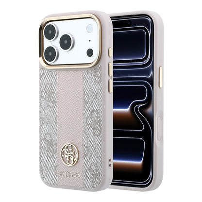 Apple iPhone 18 Pro Kılıf Guess Orjinal Lisanslı M-safe Şarj Özellikli Deri 4G Desenli Şeritli Yazı Logolu Kapak