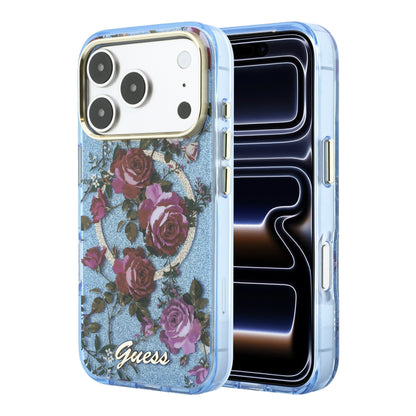 Apple iPhone 18 Pro Kılıf Guess Orjinal Lisanslı M-safe Şarj Özellikli Gül Desenli Simli Yazı Logolu Kapak