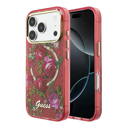 Apple iPhone 18 Pro Kılıf Guess Orjinal Lisanslı M-safe Şarj Özellikli Gül Desenli Simli Yazı Logolu Kapak