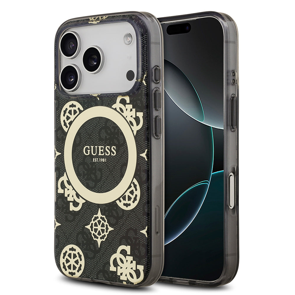 Apple iPhone 18 Pro Kılıf Guess Orjinal Lisanslı M-safe Şarj Özellikli IML Peony ve 4G Desenli Klasik Logolu Kapak