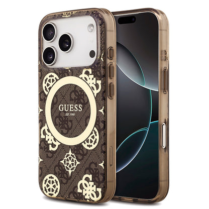 Apple iPhone 18 Pro Kılıf Guess Orjinal Lisanslı M-safe Şarj Özellikli IML Peony ve 4G Desenli Klasik Logolu Kapak