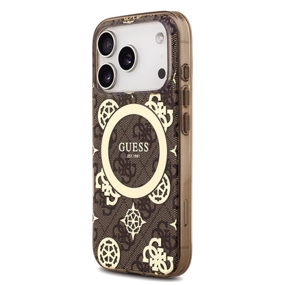 Apple iPhone 18 Pro Kılıf Guess Orjinal Lisanslı M-safe Şarj Özellikli IML Peony ve 4G Desenli Klasik Logolu Kapak