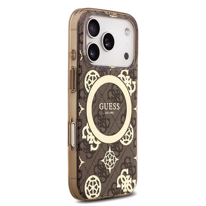 Apple iPhone 18 Pro Kılıf Guess Orjinal Lisanslı M-safe Şarj Özellikli IML Peony ve 4G Desenli Klasik Logolu Kapak