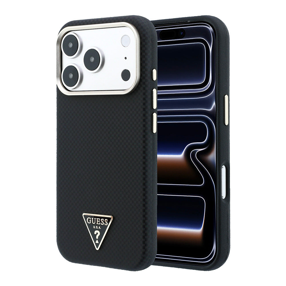 Apple iPhone 18 Pro Kılıf Guess Orjinal Lisanslı M-safe Şarj Özellikli PU Metal Üçgen Logolu Karbon Fiber Kevlar Kapak