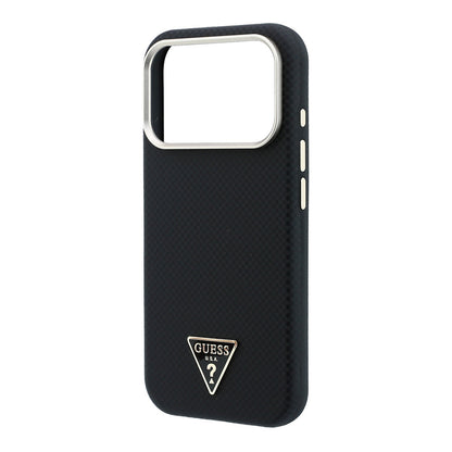 Apple iPhone 18 Pro Kılıf Guess Orjinal Lisanslı M-safe Şarj Özellikli PU Metal Üçgen Logolu Karbon Fiber Kevlar Kapak