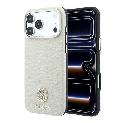 Apple iPhone 18 Pro Kılıf Guess Orjinal Lisanslı M-safe Şarj Özellikli PU Taşlı Metal 4G ve Yazı Logolu Kapak