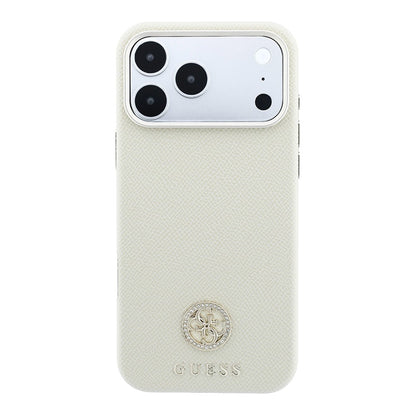 Apple iPhone 18 Pro Kılıf Guess Orjinal Lisanslı M-safe Şarj Özellikli PU Taşlı Metal 4G ve Yazı Logolu Kapak