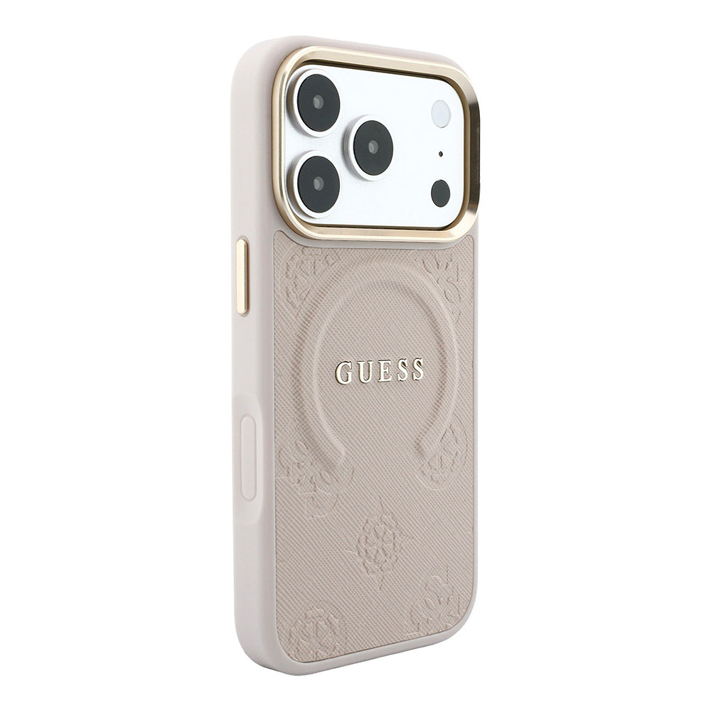 Apple iPhone 18 Pro Kılıf Guess Orjinal Lisanslı M-safe Şarj Özellikli Sıcak Baskılı Yazı Logolu C-Magnet PU Deri Peony Kapak