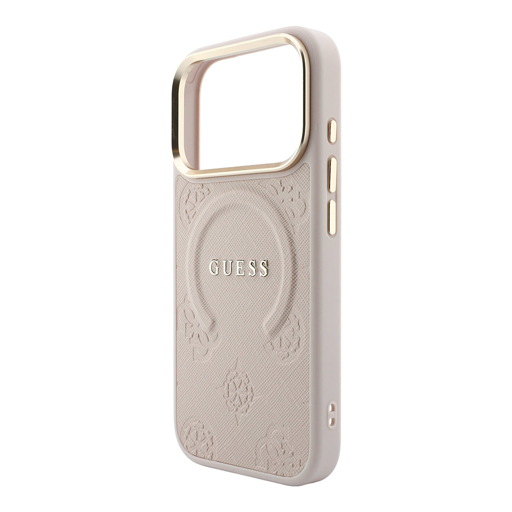 Apple iPhone 18 Pro Kılıf Guess Orjinal Lisanslı M-safe Şarj Özellikli Sıcak Baskılı Yazı Logolu C-Magnet PU Deri Peony Kapak