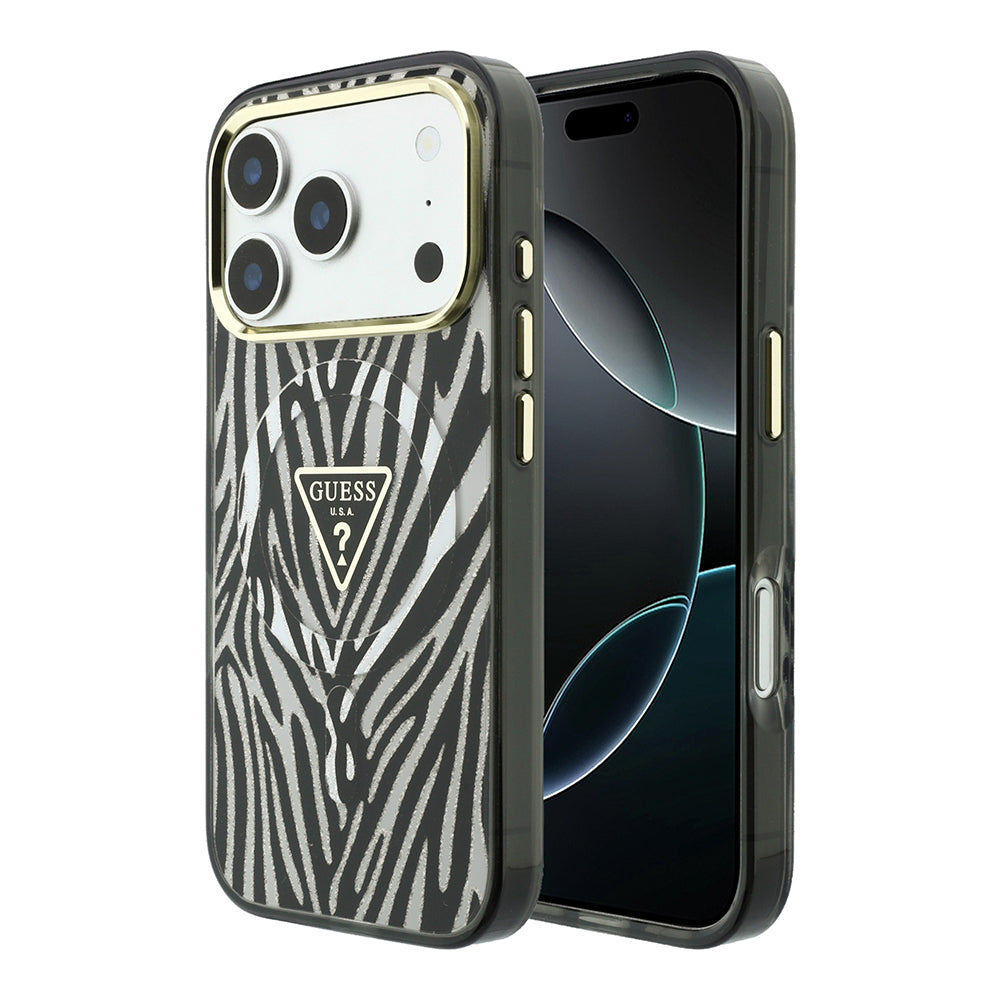 Apple iPhone 18 Pro Kılıf Guess Orjinal Lisanslı M-safe Şarj Özellikli Üçgen Logolu Zebra Desenli Silikon Kapak