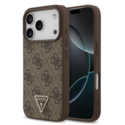 Apple iPhone 18 Pro Kılıf Guess Orjinal Lisanslı M-safe Şarj Özllikli PU Deri Taşlı Üçgen Logo 4G Desenli Strass Kapak