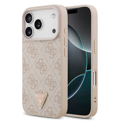 Apple iPhone 18 Pro Kılıf Guess Orjinal Lisanslı M-safe Şarj Özllikli PU Deri Taşlı Üçgen Logo 4G Desenli Strass Kapak