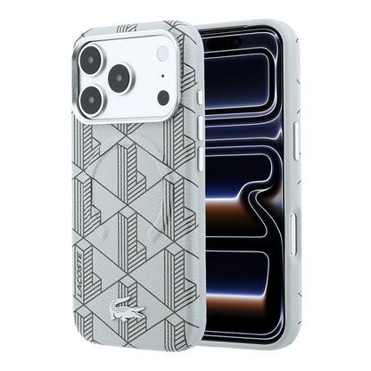 Apple iPhone 18 Pro Kılıf Lacoste Orjinal Lisanslı M-safe Şarj Özellikli Metal Logolu Deri Karışık Monogram Desenli Kapak