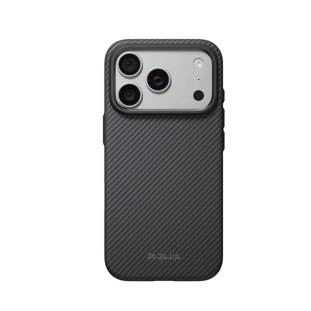 Apple iPhone 18 Pro Kılıf M-safe Şarj Özellikli Aramid Karbon Fiber Pitaka Military-Grade Classic Serisi New Logo Black-Grey Twill Kapak