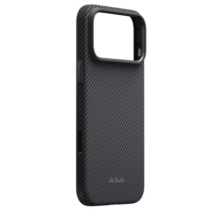 Apple iPhone 18 Pro Kılıf M-safe Şarj Özellikli Aramid Karbon Fiber Pitaka Military-Grade Classic Serisi New Logo Black-Grey Twill Kapak