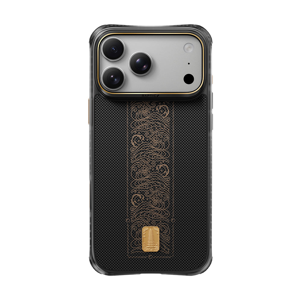 Apple iPhone 18 Pro Kılıf M-safe Şarj Özellikli Raptic Aramid Dual Rise Serisi 24 Ayar Altın Kaplamalı Karbon Kapak