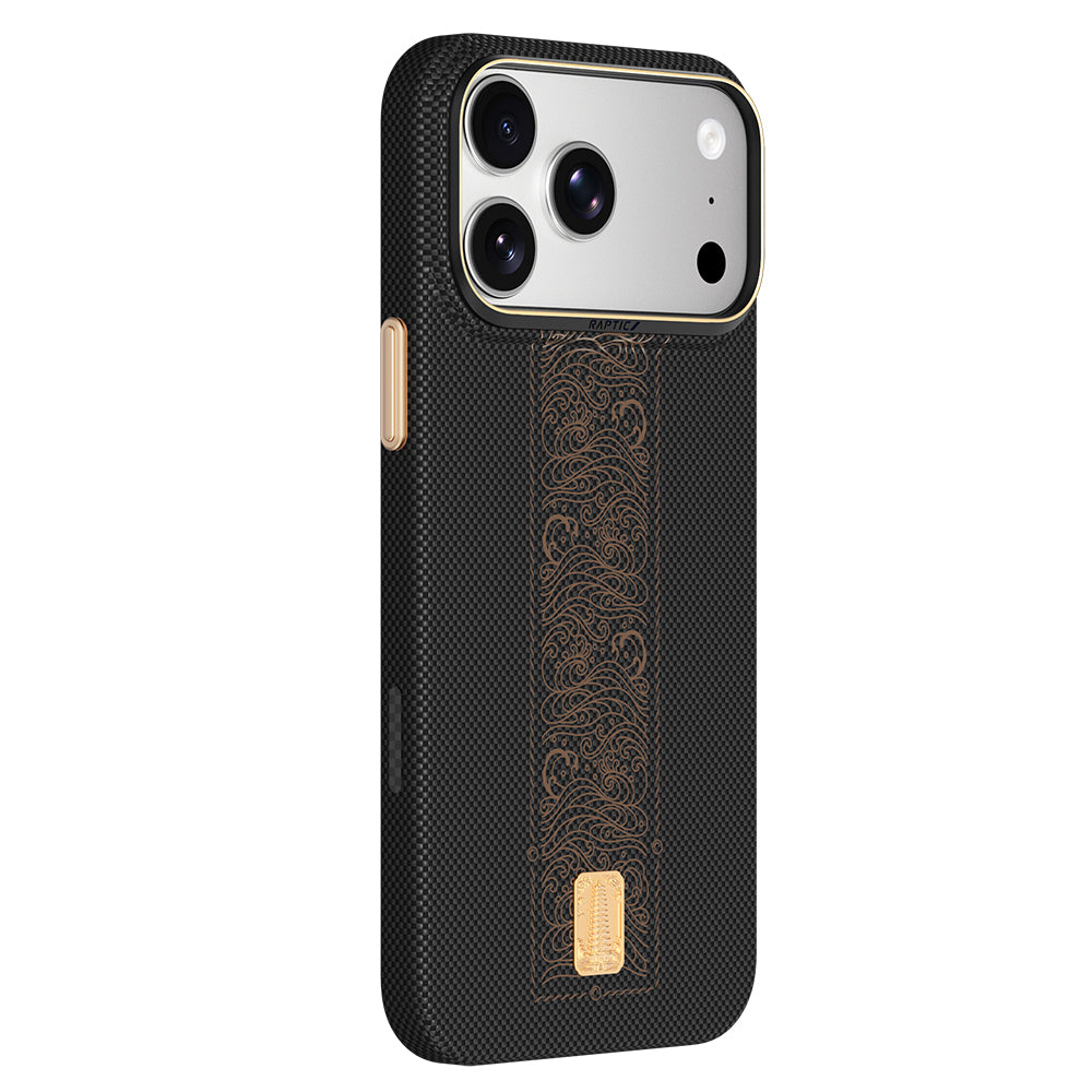 Apple iPhone 18 Pro Kılıf M-safe Şarj Özellikli Raptic Aramid Skin Rise Serisi 24 Ayar Altın Kaplamalı Karbon Kapak