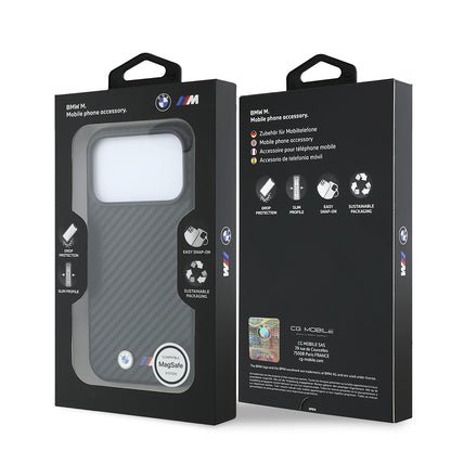 Apple iPhone 18 Pro Max Kılıf BMW Orjinal Lisanslı M-safe Şarj Özellikli Karbon Fiber Tasarımlı ve Metal Logolu PU Deri Kapak