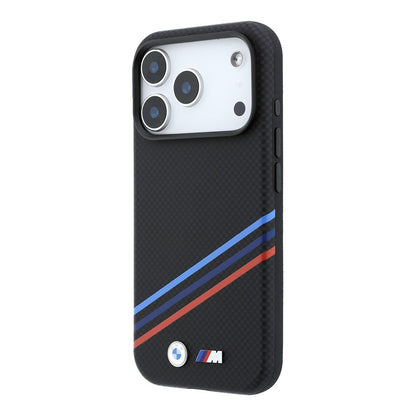 Apple iPhone 18 Pro Max Kılıf BMW Orjinal Lisanslı M-safe Şarj Özellikli Üç Şeritli Metal M Logolu Karbon Fiber Kevlar Kapak