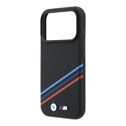 Apple iPhone 18 Pro Max Kılıf BMW Orjinal Lisanslı M-safe Şarj Özellikli Üç Şeritli Metal M Logolu Karbon Fiber Kevlar Kapak