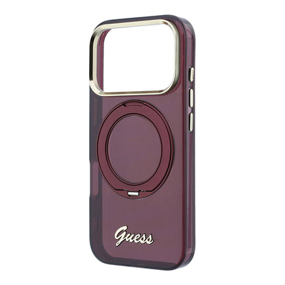 Apple iPhone 18 Pro Max Kılıf Guess Orjinal Lisanslı M-safe Şarj Özellikli 360 Derece Dönebilen Standlı Metal Yazı Logolu Silikon Kapak