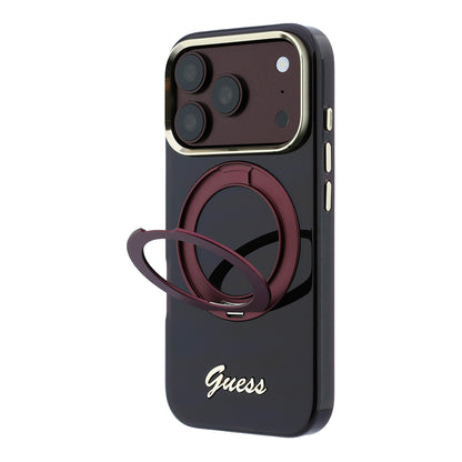Apple iPhone 18 Pro Max Kılıf Guess Orjinal Lisanslı M-safe Şarj Özellikli 360 Derece Dönebilen Standlı Metal Yazı Logolu Silikon Kapak