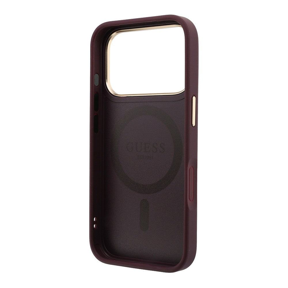 Apple iPhone 18 Pro Max Kılıf Guess Orjinal Lisanslı M-safe Şarj Özellikli 360 Derece Dönebilen Standlı PU Metal Yazı Logolu Kapak