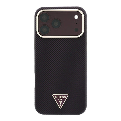 Apple iPhone 18 Pro Max Kılıf Guess Orjinal Lisanslı M-safe Şarj Özellikli PU Metal Üçgen Logolu Karbon Fiber Kevlar Kapak
